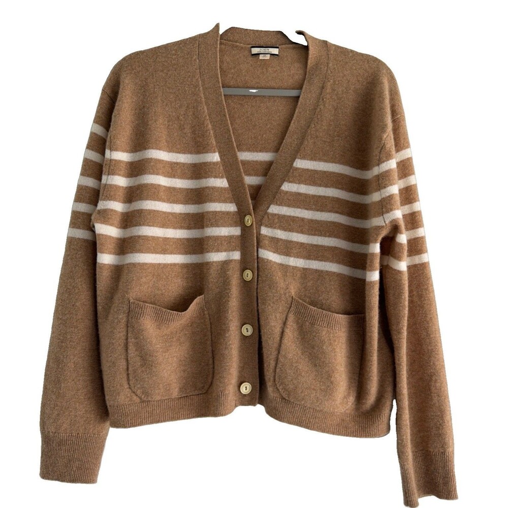 J. Crew Womens 100% Cashmere Perfect Button Cardigan Sweater Stripe med tan